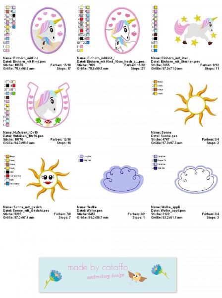 Einhornserie Stickdatei Motive 10x10 cm