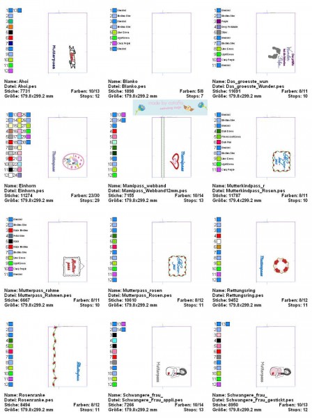 Stickdatei Mutterpässe Stoff ITH 18x30 cm