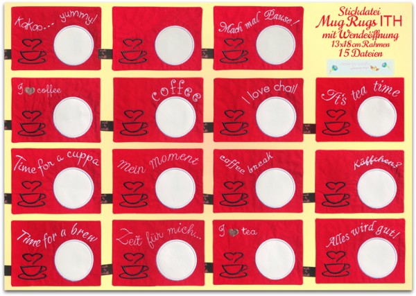 Stickdatei Mug Rugs mit Wendeöffnung 13x18 cm Rahmen ITH