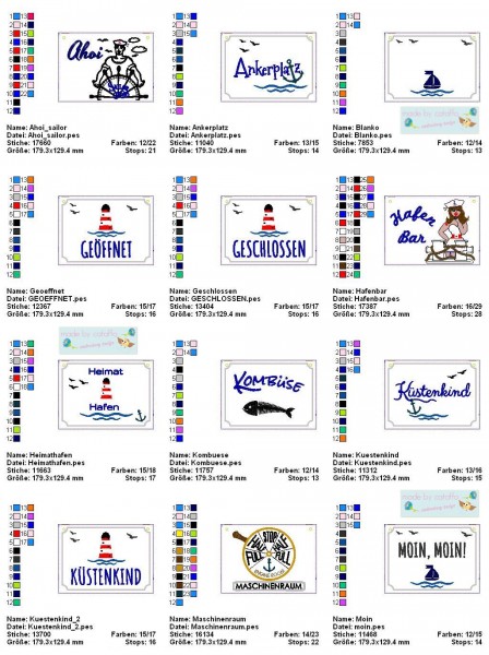 "Maritime Türschilder" ITH Stickdatei 13x18 cm