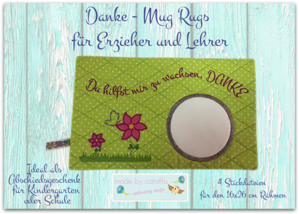 Stickdatei Mug Rugs "Danke" für Erzieher und Lehrer 16x26 cm Rahmen ITH