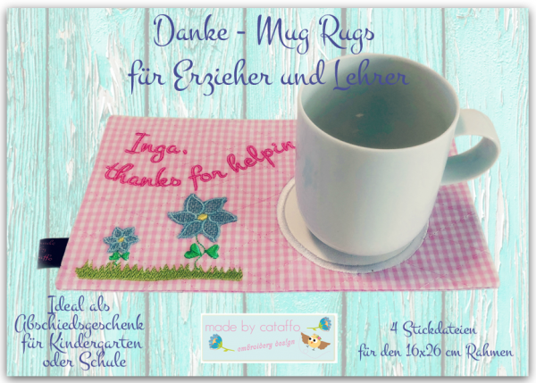 Stickdatei Mug Rugs "Danke" für Erzieher und Lehrer 16x26 cm Rahmen ITH